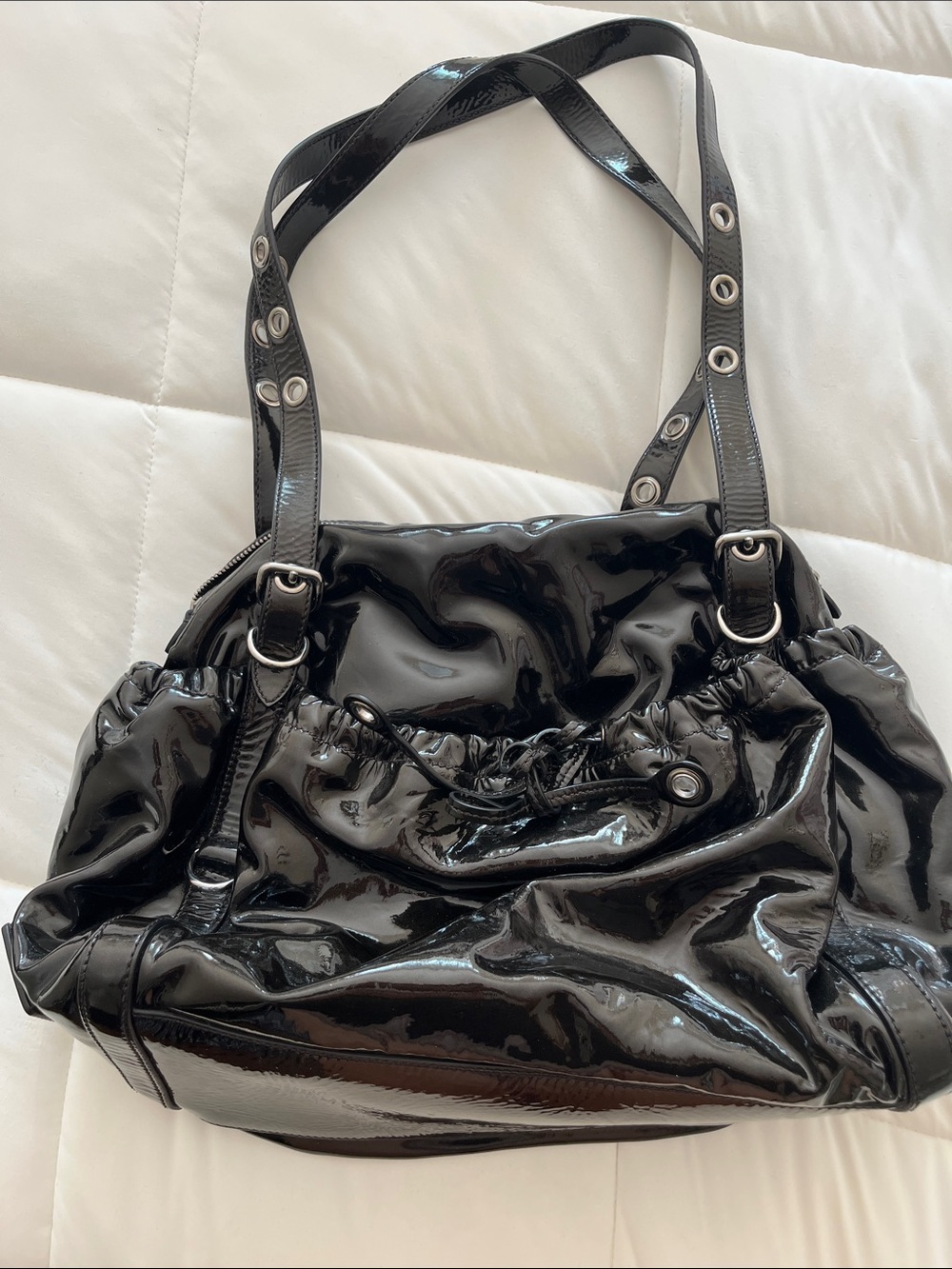 Prada Original Car Shoe Bag Patent Leather Shoulder Bag with Grommets
